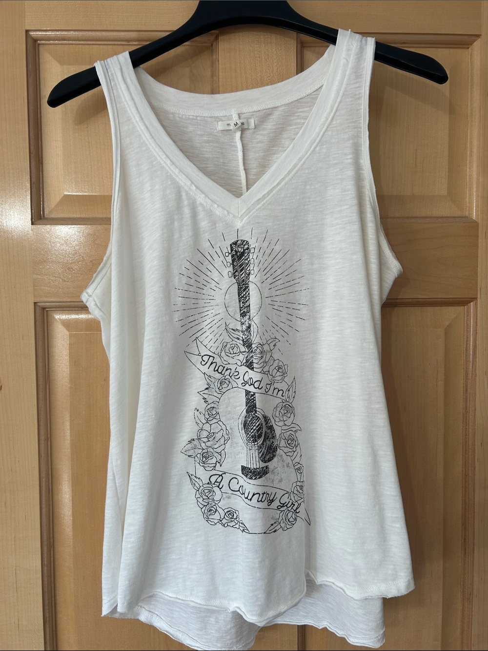 Maurices White Graphic V-Neck Tank Top with Black Guitar Print